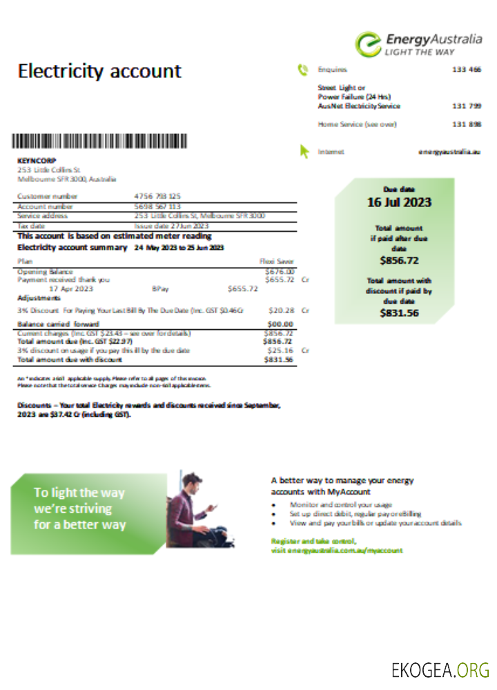 Facture commerciale du service public d'électricité d'Energy Australia SCR